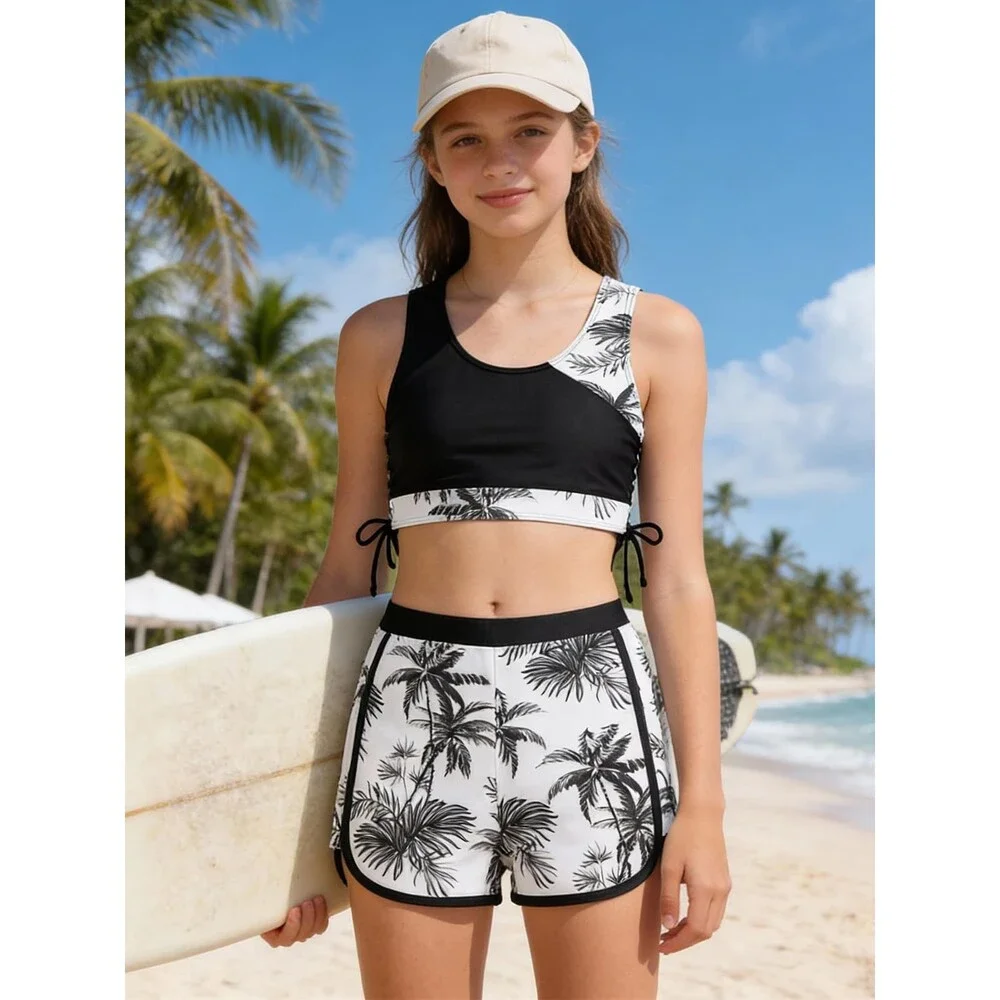 Girls' 3 Piece Bikini Bathing Suit Printed Sport Swimsuits Shorts Cove 11-12Y